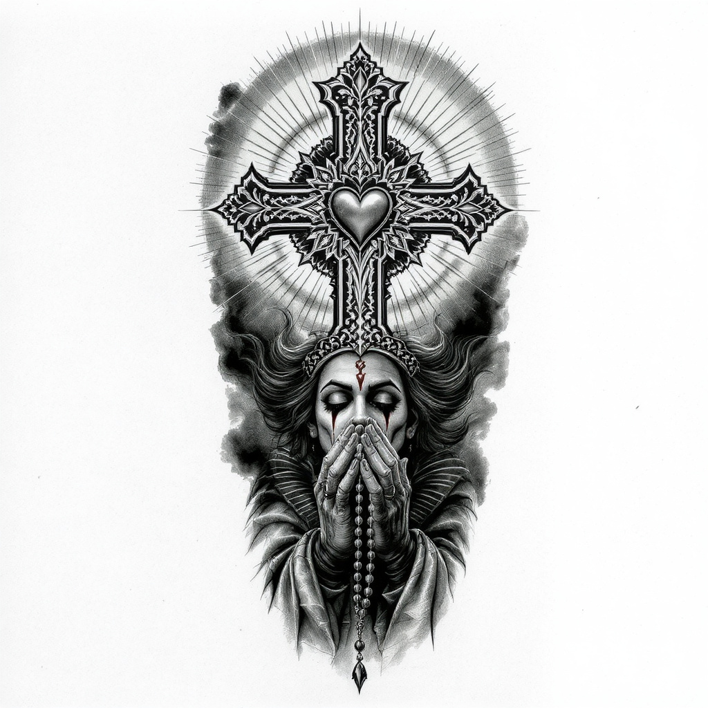 Cross and praying hands vertical