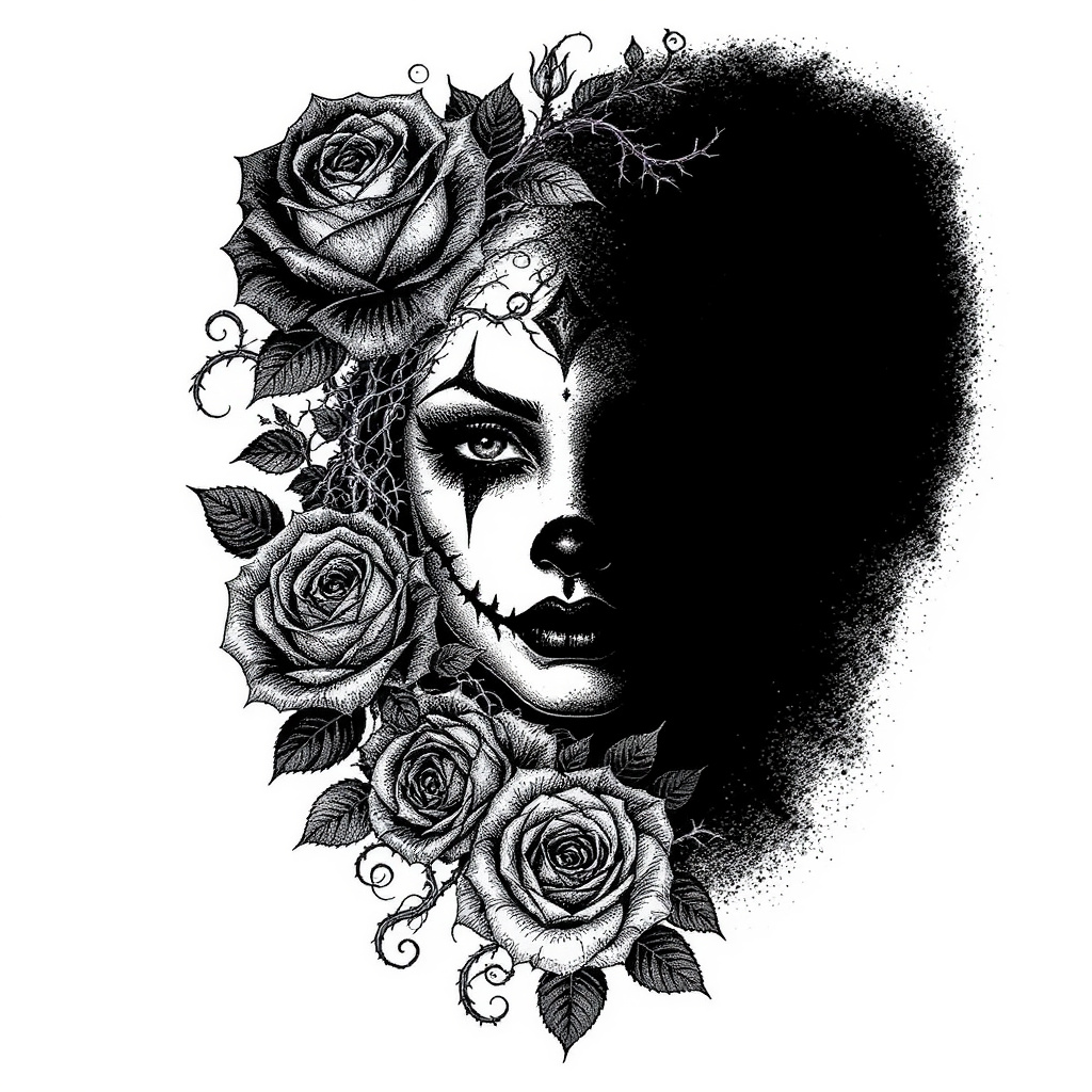 Half-face framed by climbing roses