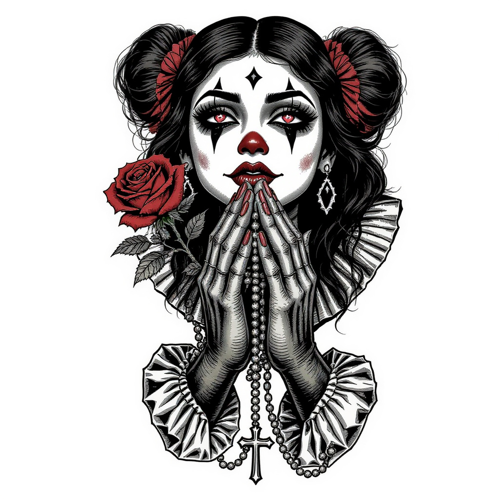 Praying hands with rose and rosary